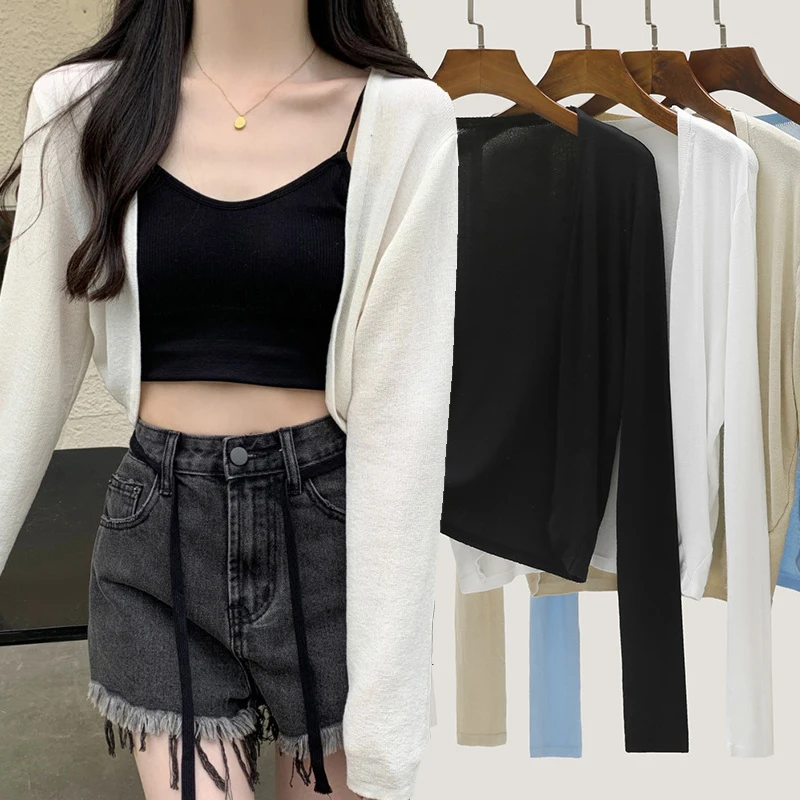 Thin Sun Protection Cardigan Tops Summer Women\'s Knitted Long Sleeves Korean Version Air-conditioned TShirt Solid Color Shawl