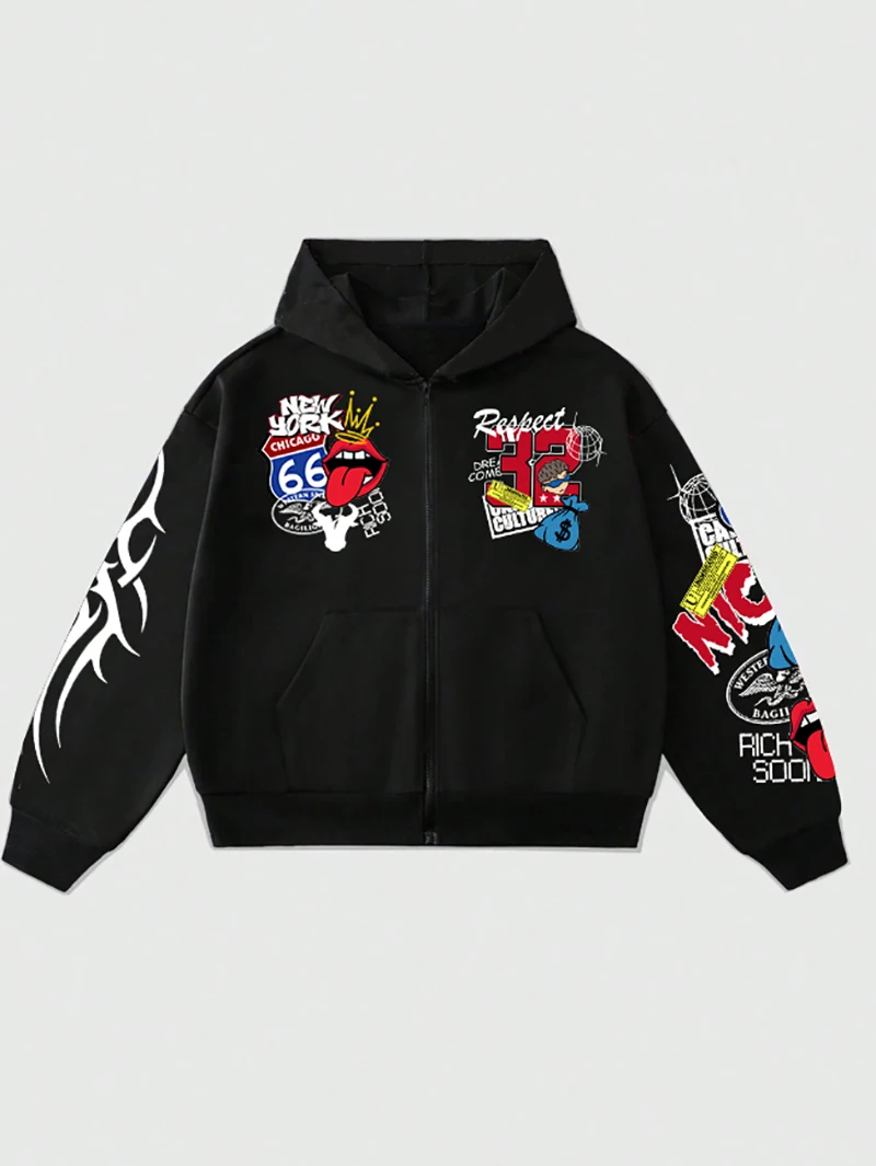 Мужская осенне-зимняя теплая американская уличная модная толстовка с капюшоном и молнией с принтом New York Chicago Element, модная черная толстовка
