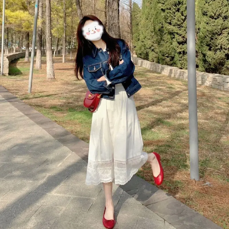 2023 Spring Playful Lively Ageing Fashion Hong Kong Style French Orangery Denim Jacket Half-body Skirt Two-piece Suit Female