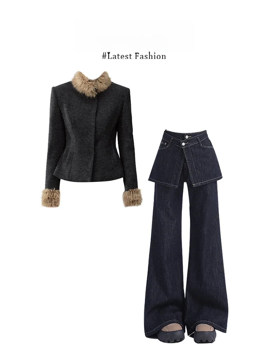 

Parkyeon2026 New Style Short Woolen Coat Straight Leg Slimming Jeans Set Women's Fashion Spring Casual Wear Two-Piece Suit