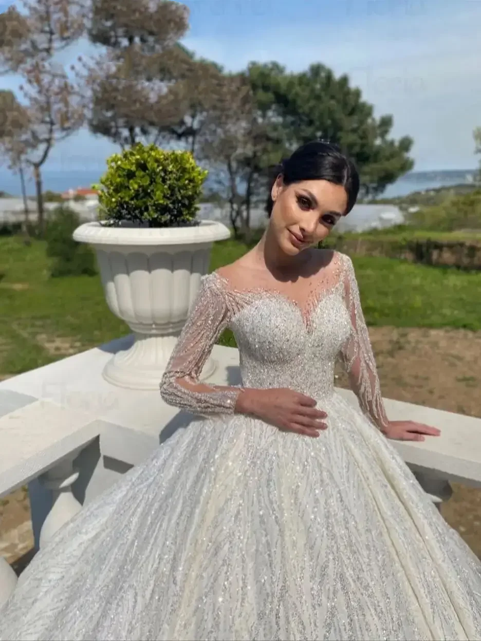 Flavinke Personalizzato Dubai Abiti Da Sposa Con Scollo A V Maniche Lunghe Abito di Sfera Scintillante Abiti Da Sposa di Lusso Vestido de novia 2025