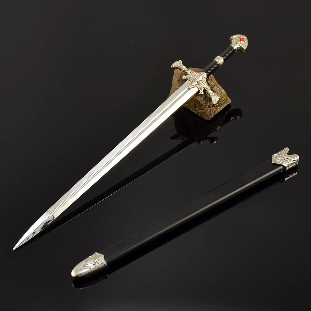 Periferiche per giochi di potere da 30 cm Spada di fuoco nera con guaina Artigianato interamente in metallo Spade medievali Modello in lega Giocattolo Katana in vero acciaio