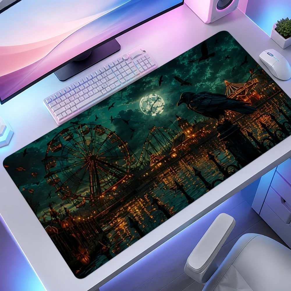 Blue and orange moonlight Ferris wheel dockside landscape mouse pad, anti-slip, workspaces and desk decoration accessories