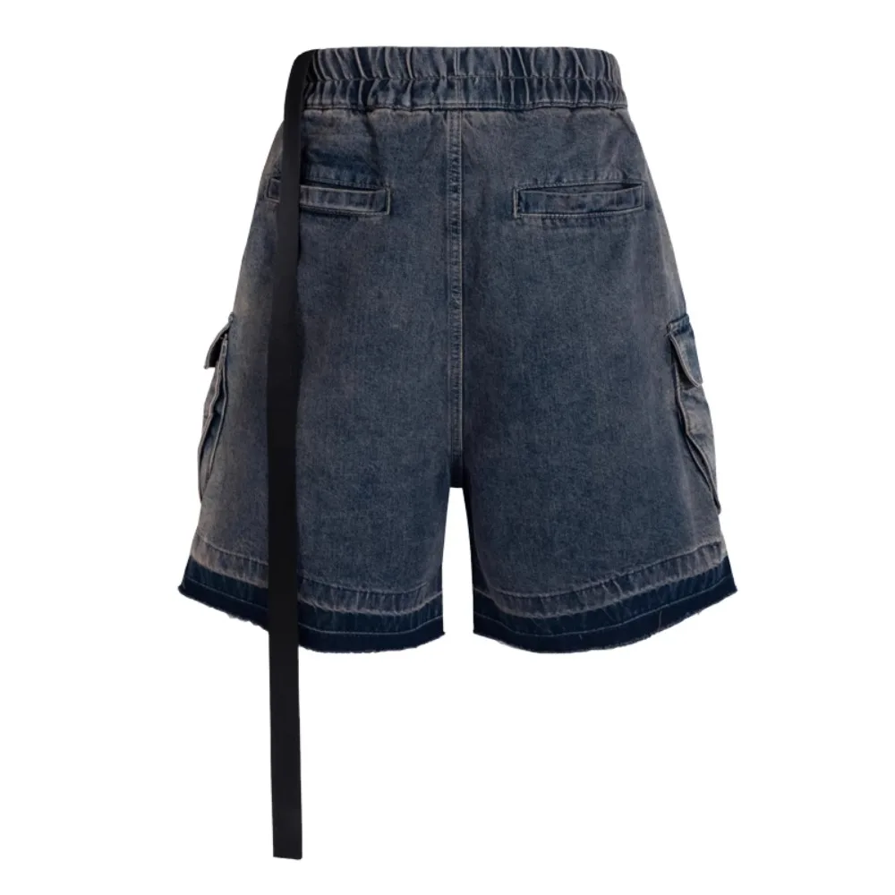 High Street RO Style Distressed Denim Shorts Men's Multiple Pockets Ribbon Splicing Workwear Five Quarter Pants Streetwear