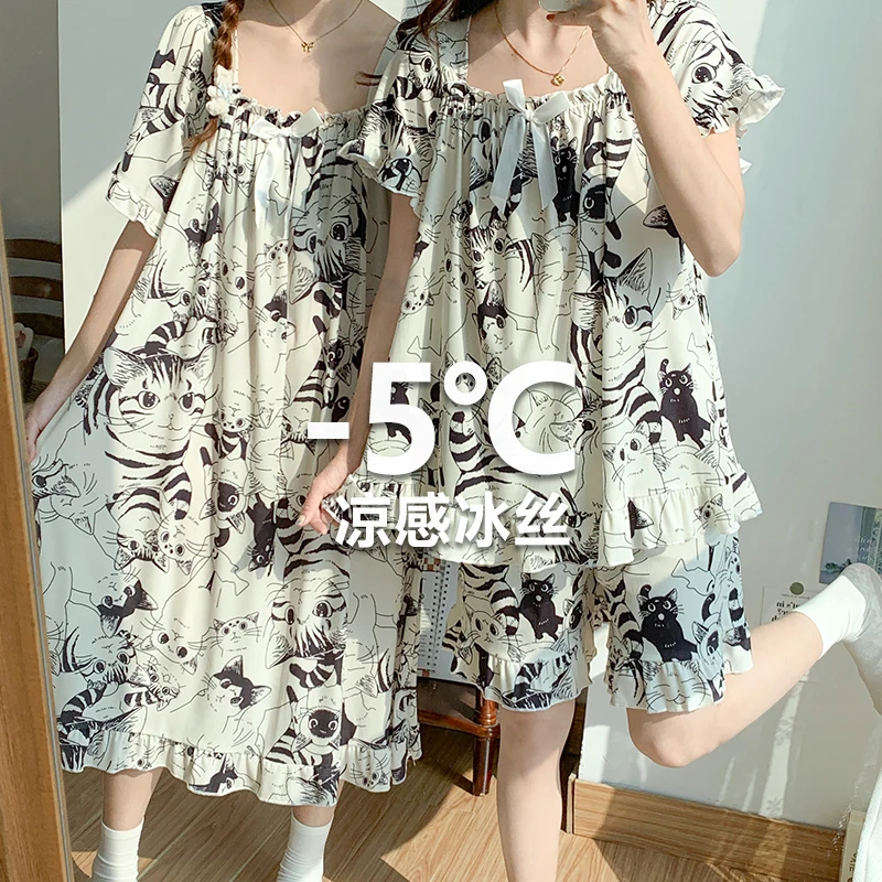 

Летняя женская одежда больших размеров из ледяного шелка ort Sve, милая студенческая домашняя одежда с героями мультфильмов, удобная дышащая ночная рубашка