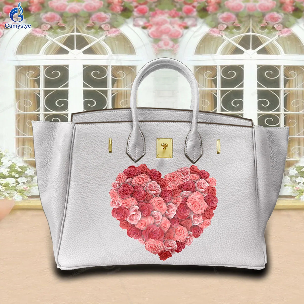 

Printed Customize Art Bags Romantic rose heart pattern 100% Really Cow Leather Original Brand Women Bag Shopping Bag Handbags Lu
