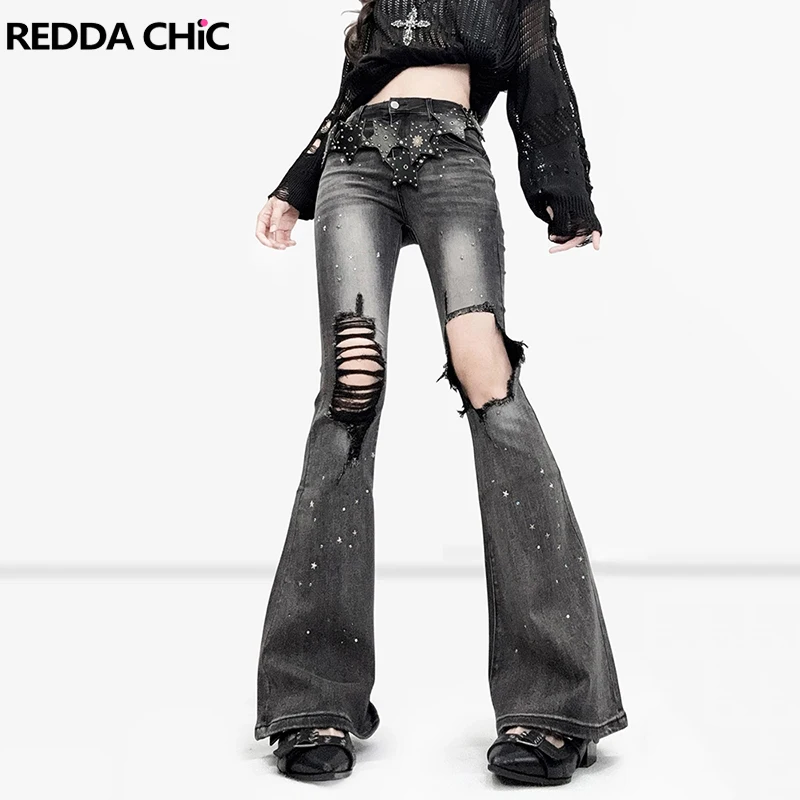 

REDDACHiC Colorful Rhinestone Flared Jeans Women Alt Rivet Washed Holes High Waist Stretchy Slim Denim Pants Retro Everyday Wear