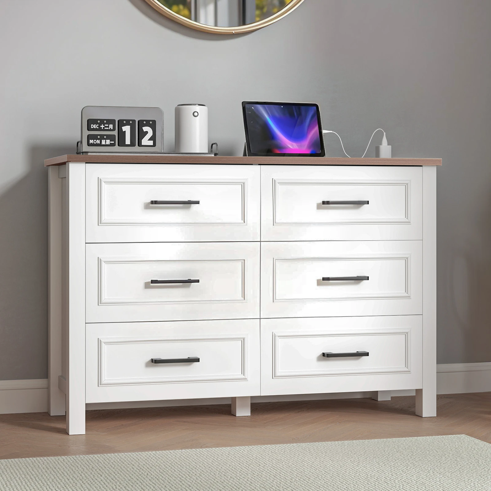 

6 Rustic Drawers Dresser TV Stand Cabinet Brown Table Top Organizer