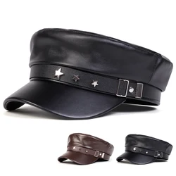 Unisex PU Leather Star Buckle Military Hats Flat Top Baseball Caps For Women Outdoor Sports Military Hats Cadet Sunscreen Hats