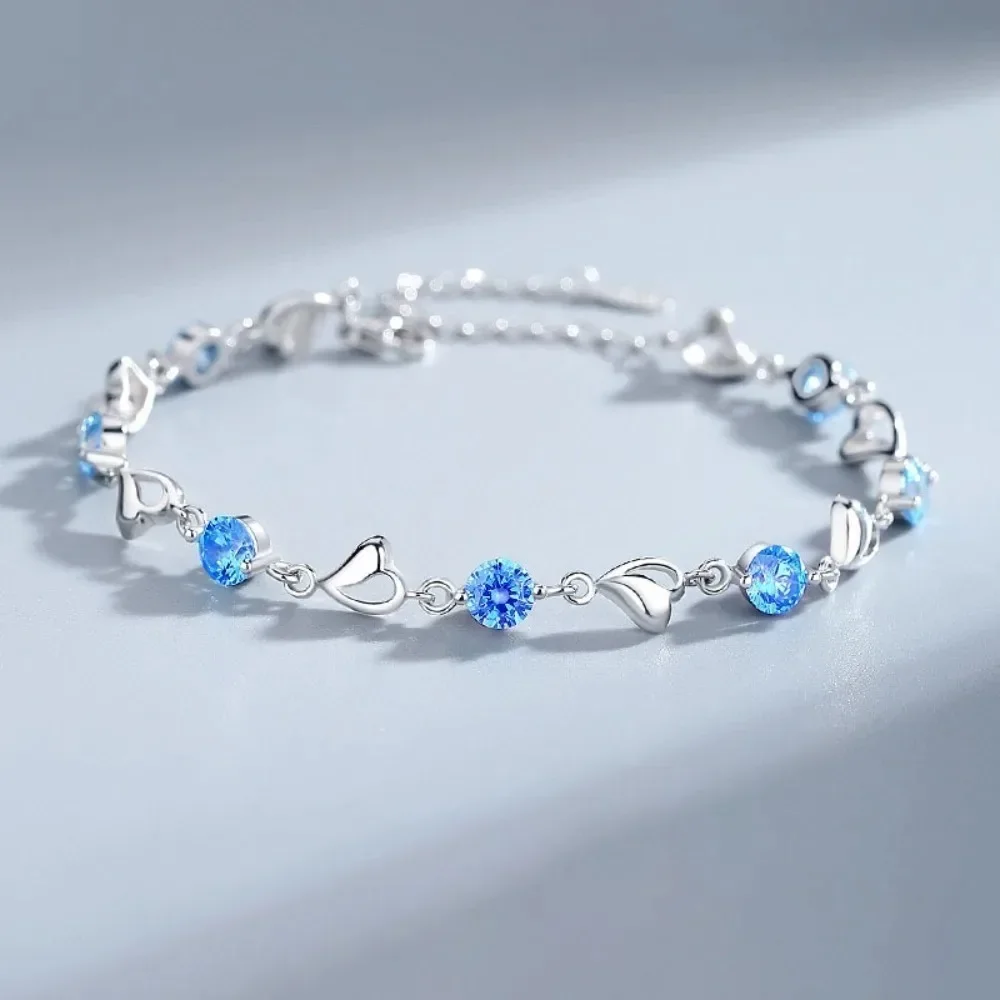 Cute Romance The Heart of The Ocean Stainless Steel Stereo Heart Blue Crystal Bracelet  for Women Charm Bride Jewelry Gifts