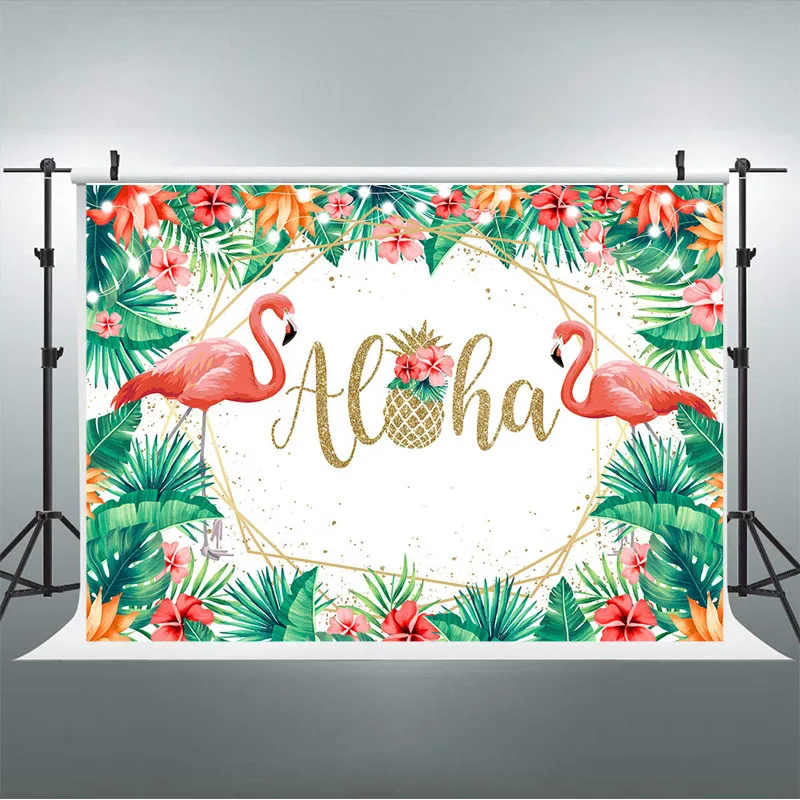 Фон для фотосъемки с изображением красного фламинго, тропических зеленых листьев, цветов, торта, стола, Декор, баннеры