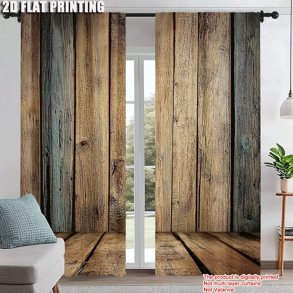 

2Pcs Rustic Brown Wood Printed Window Curtain Modern Rod Pocket Curtains For Living Room Privacy Easy Machine Washable Stylish