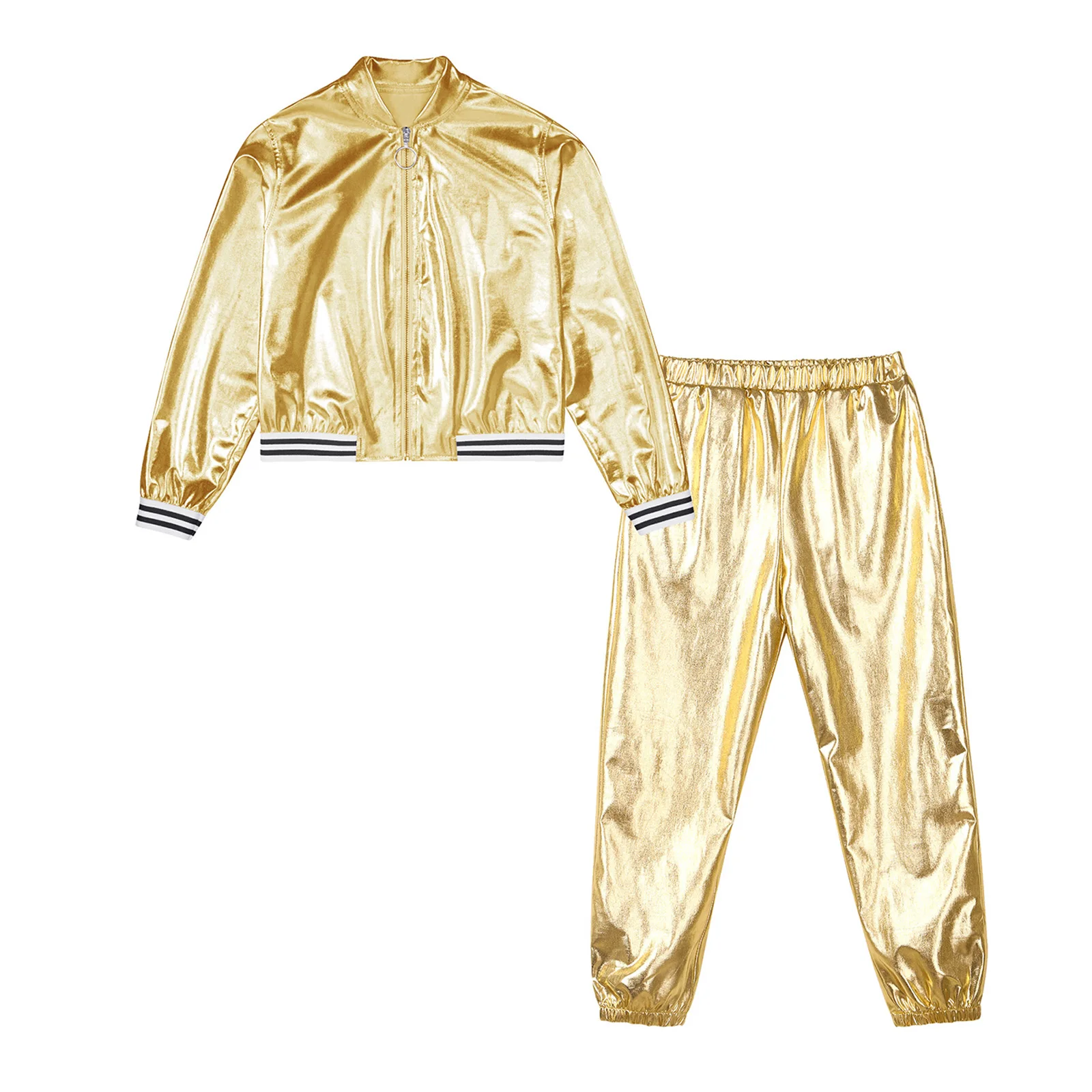 Kids Meisjes Glossy Metallic Jazz Dance Outfit Rits Jas + Broek Set Voor Dansen Prestaties Kostuum Kinderen Hip Hop Kleding