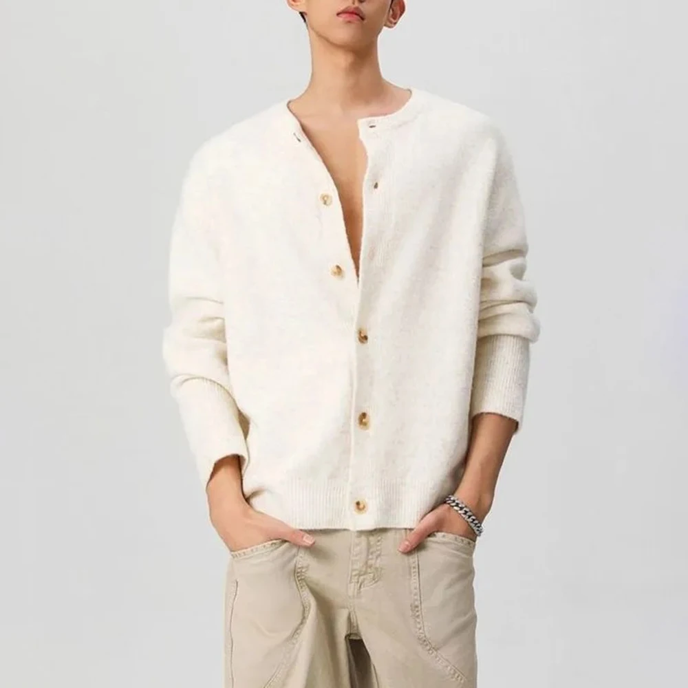 Winter New Men's Solid Color Long-Sleeved Cardigan Sweater Retro Fashion Trendy High Street Loose Casual Niche Men's Tops