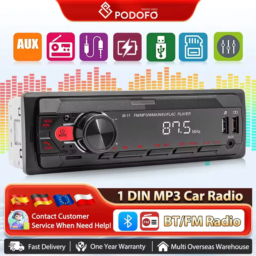 Podofo Radio de coche 1din Autoradio reproductor de MP3 receptor estéreo USB Audio BT/USB/SD/AUX-IN 12V Audio estéreo con asistente de voz