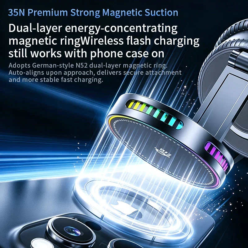 Qi2 Ice Cooling RGB Magnetisches Kabelloses Autoladegerät mit Schnellladefunktion und Kühlkörper für Magsafe iPhone 12-16 Telefonhalterung – Detail 8