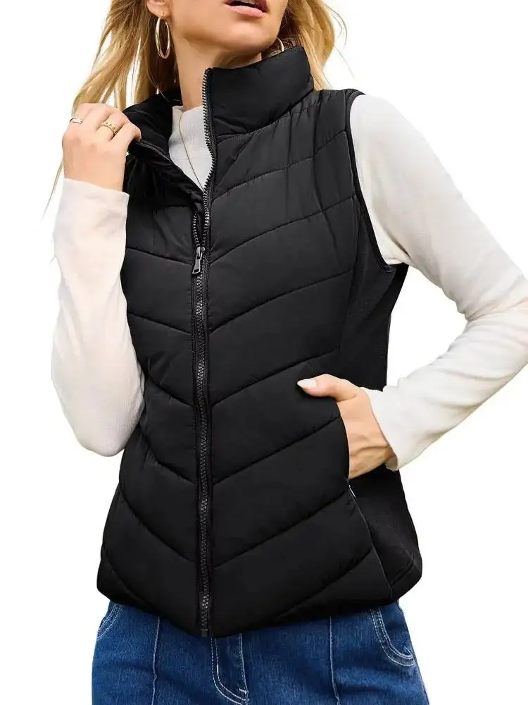 

Hairless Slim Fit Vest Ladies Stand Collar Chic Zipper Style Pocket Warm Short Top Women 2026 New Casual Commute Outwear