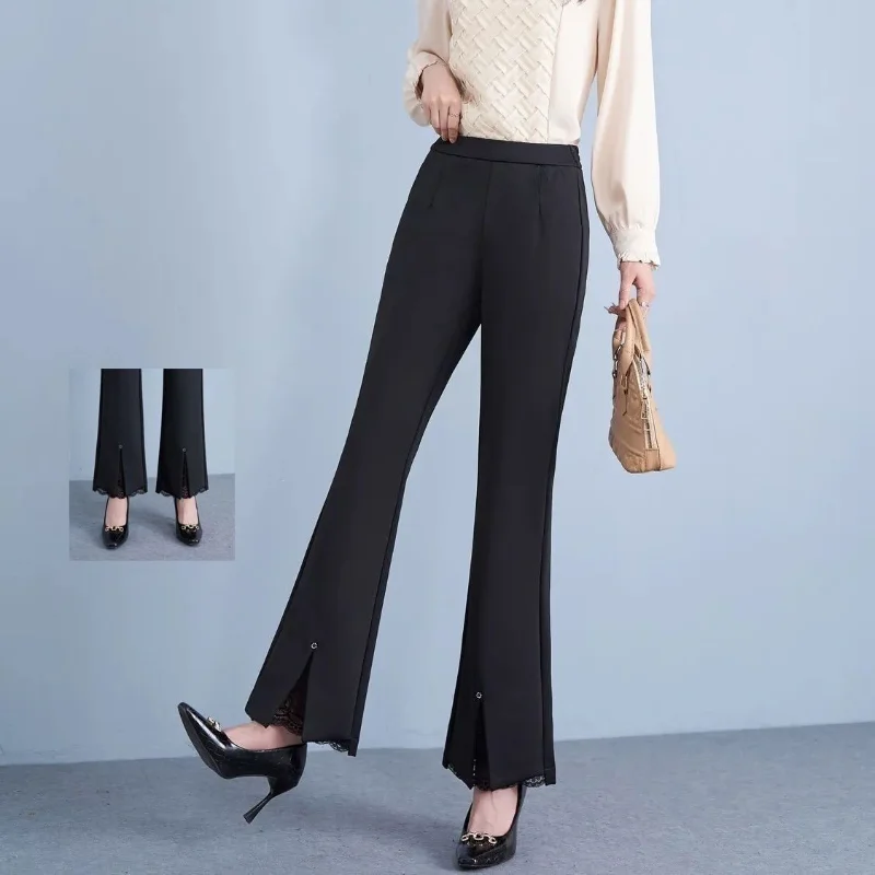 Verão estiramento-flare calças de cintura alta cintura alta perna larga rendas calças retas preto casual feminino