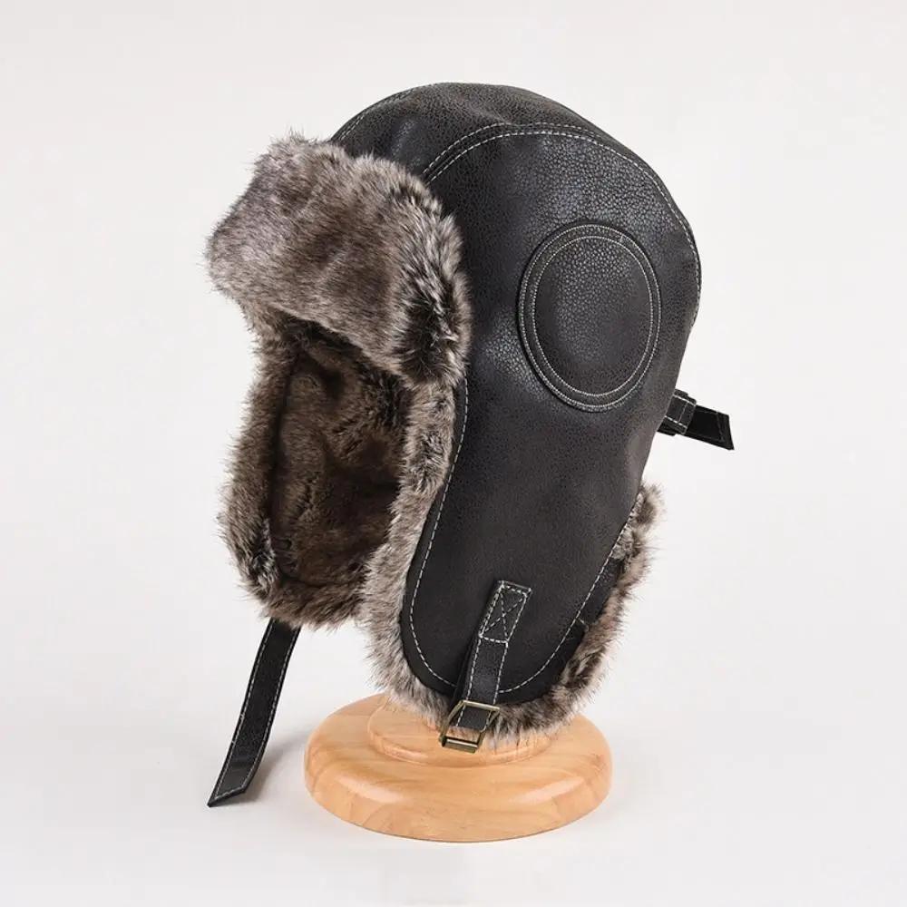 

Fashion Leather Winter Trapper Hat Ear Protection Faux Fur Lined Ski Ushanka Thicken Warm Windproof Snow Cap With Ear Flap