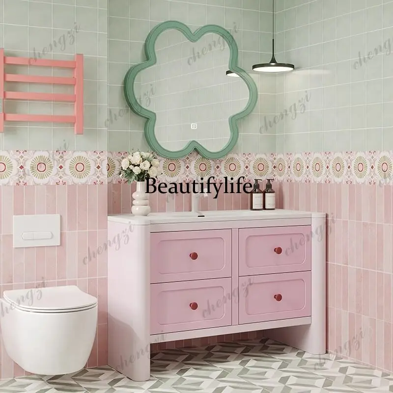 

Dopamine bathroom cabinet combination Corian integrated basin bathroom cabinet bathroom pink floor sink washbasin