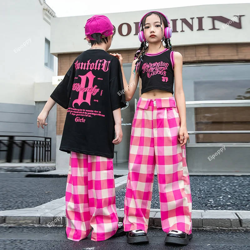 Hip Hop Girls Crop Top Plaid Pants Boys Loose T-shirt Street Dance Child Streetwear Teen Sweet Clothes Sets Kids Jazz Costumes