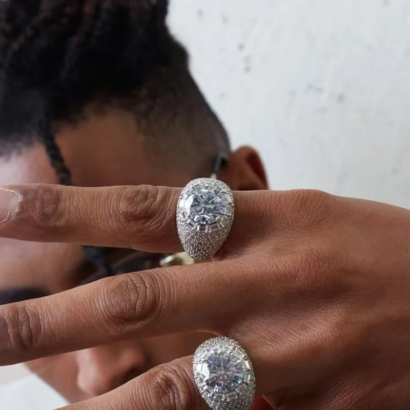 

Hip Hop Bling Iced Out Baguette Big Clustered Band Cubic Zircon Rings Tready Copper Zirconia Ring For Men Jewelry
