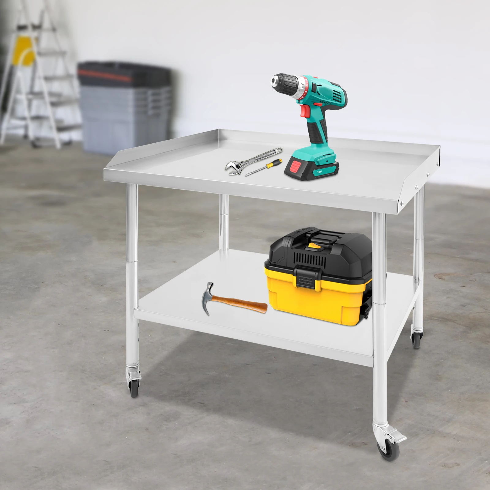 Mesa de trabalho moderna prateada de 2 camadas, 91*76*76cm, mesa de trabalho de aço inoxidável, mesa de preparação comercial de chão com 4 rodas