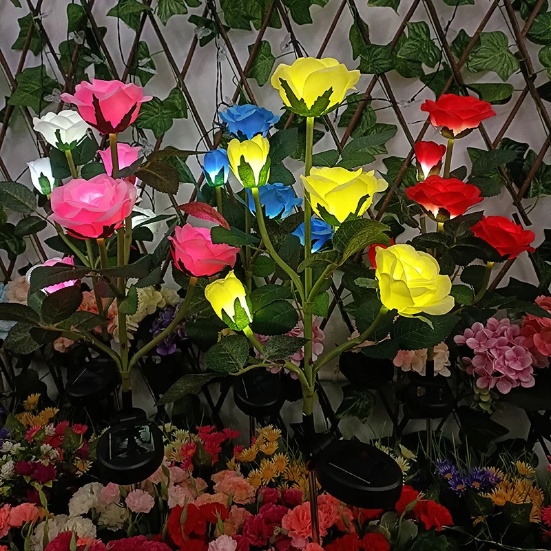 Outdoor 5 Heads Rose Flower Lawn Lamp Solar Garden Lights for Valentine's Day Decorative Wedding Party Courtyard Decoration