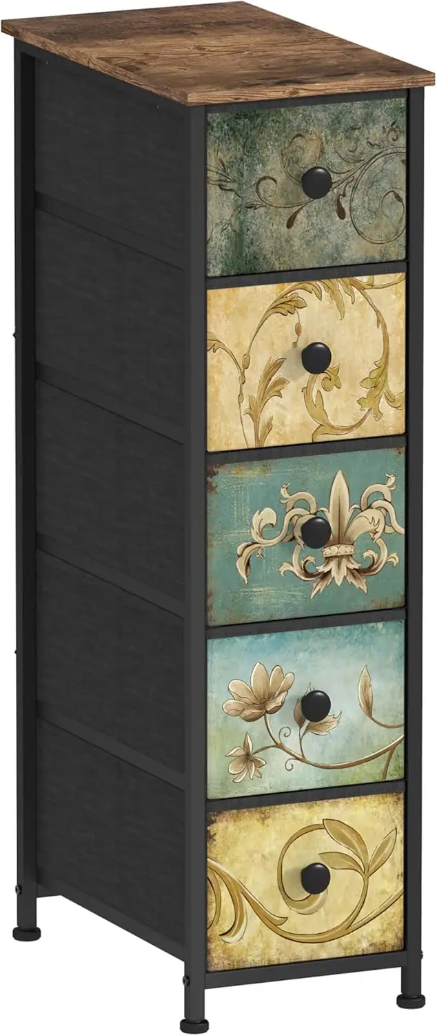 

Narrow Storage Dresser with Retro Flowers Fabric Drawers for Small Spaces, Bathroom, Bedroom, Closet, Entryway