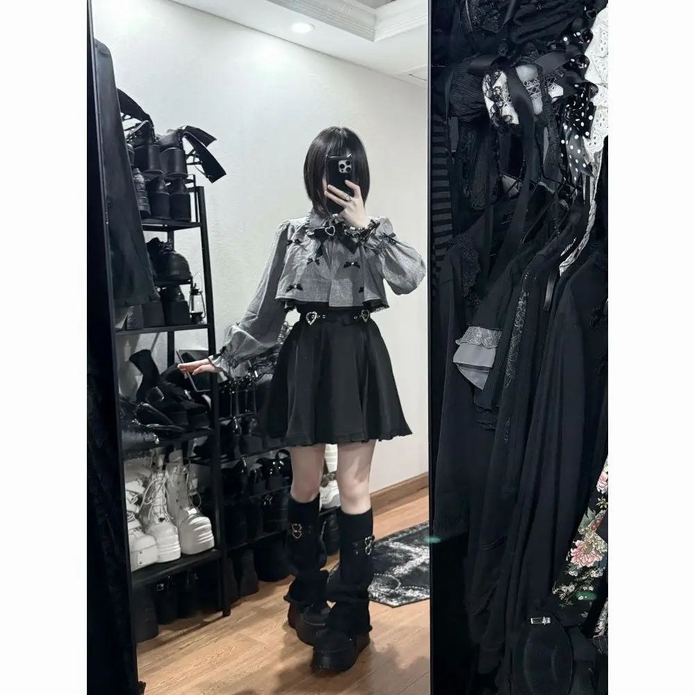 MAGOGO Japanese Lolita Skirt Sets Bow Grey Shirt+Mini Skirt Sweet Cute Girl Two Piece Set Women Outifits Spring Chic Y2k Clothes