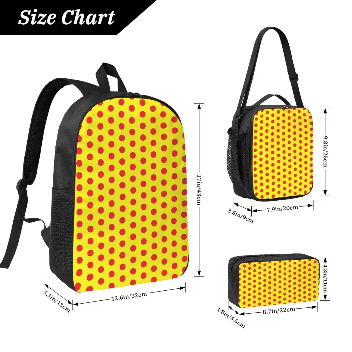 Classic Red And Yellow Polka Dot Pattern Backpack Boy Girls BookBag School Bag Shoulder Bags 3ps Insulated Lunch Bag Pencil Case