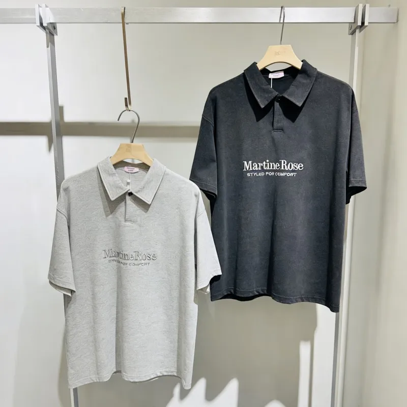 

Summer Streetwear Embroidered Letter Logo Half Open Button Lapel Short Sleeve Tops Rose Tshirts Men Women Black Gray Outfit