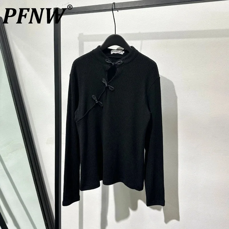 

PFNW Men's Chinese Buckle Round Neck Slim Fit Knitted Shirt Popular Elastic Solid Color Original Comfortable Tops Spring 21Z3722