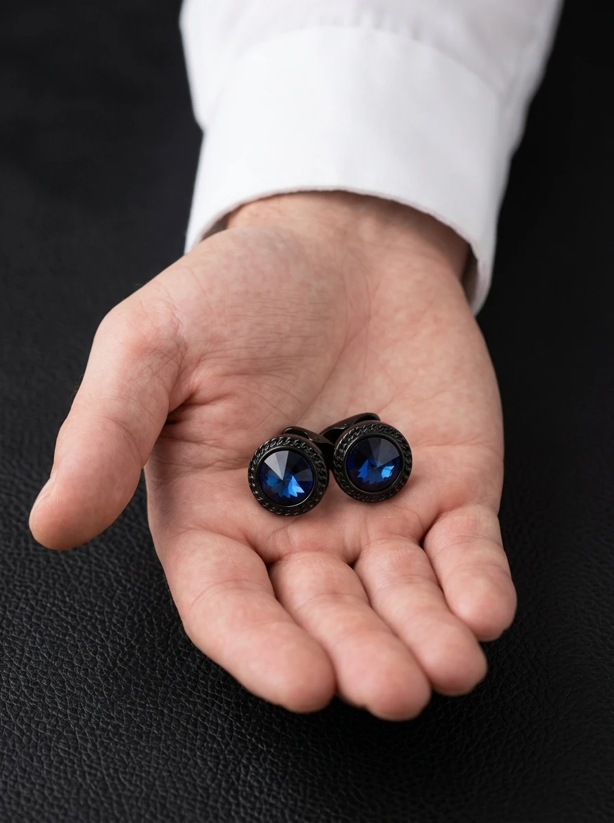 Brand New High End CuffLinks With Blue Black Crystal Unique Whale Back Closure Thread Cuff Links For Dark Man