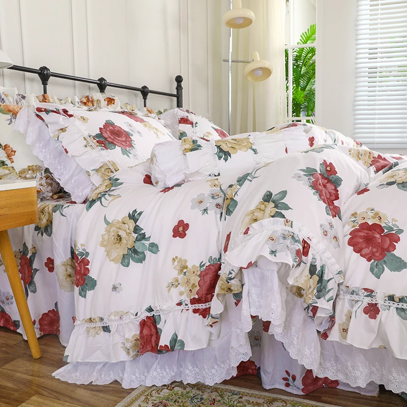 Big Rose Printed Bedding Sets Lace Ruffle Design Linen Home Bed Linens Duvet Cover Bedding Set Luxury Queen Bedding Set