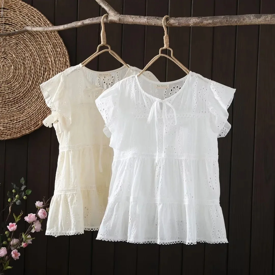 100% Cotton shirts and blouses women pulovers mori girl Japan y2k fashion style white beige embroidered hollow out tops