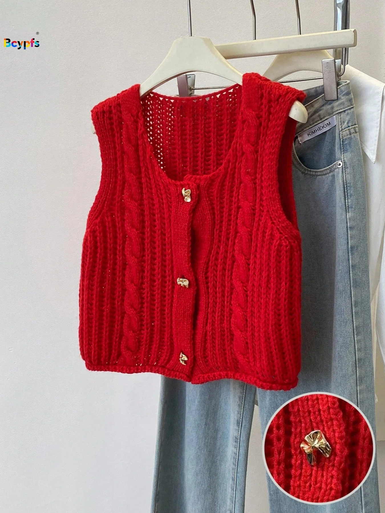 

Красный вязаный жилет крупной вязки для женщин, без рукавов, на пуговицах, с вырезами, укороченный топ, повседневная офисная верхняя одежда