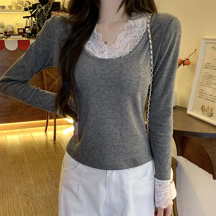 2026 Herbst Winter Damen T-Shirt Spitze Schlankes Basis-T-Shirt Elegantes Vielseitiges Strick-Layering-Oberteil mit Langen Ärmeln für Damen Neu eingetroffenes T-Shirt – Detail 25