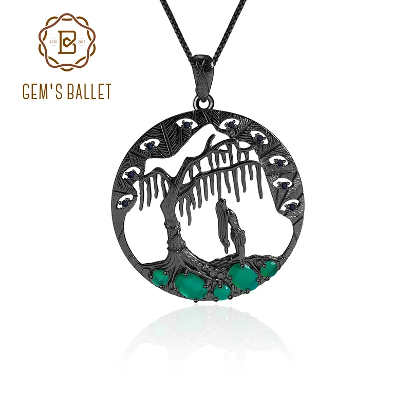 GEM'S BALLET 925 Silver Handmade Pendant Necklace For Women Natural Green Agate Gemstone Fine Jewelry Halloween Horror Story