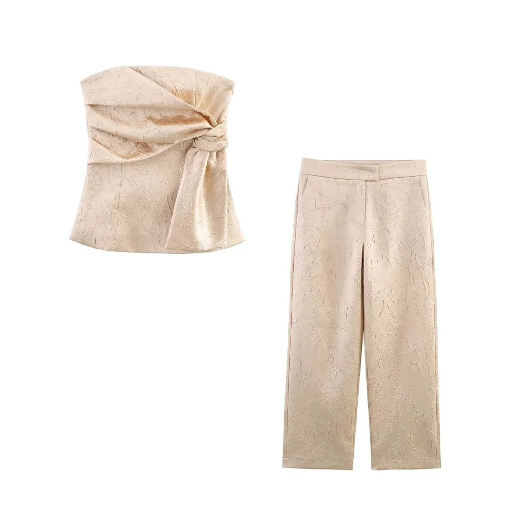 

KONDALA Women Luxury Strapless Top Set Crease Effect Corset Top Straight-leg Pants 2025 New Summer Fashion Elegant Pants Set
