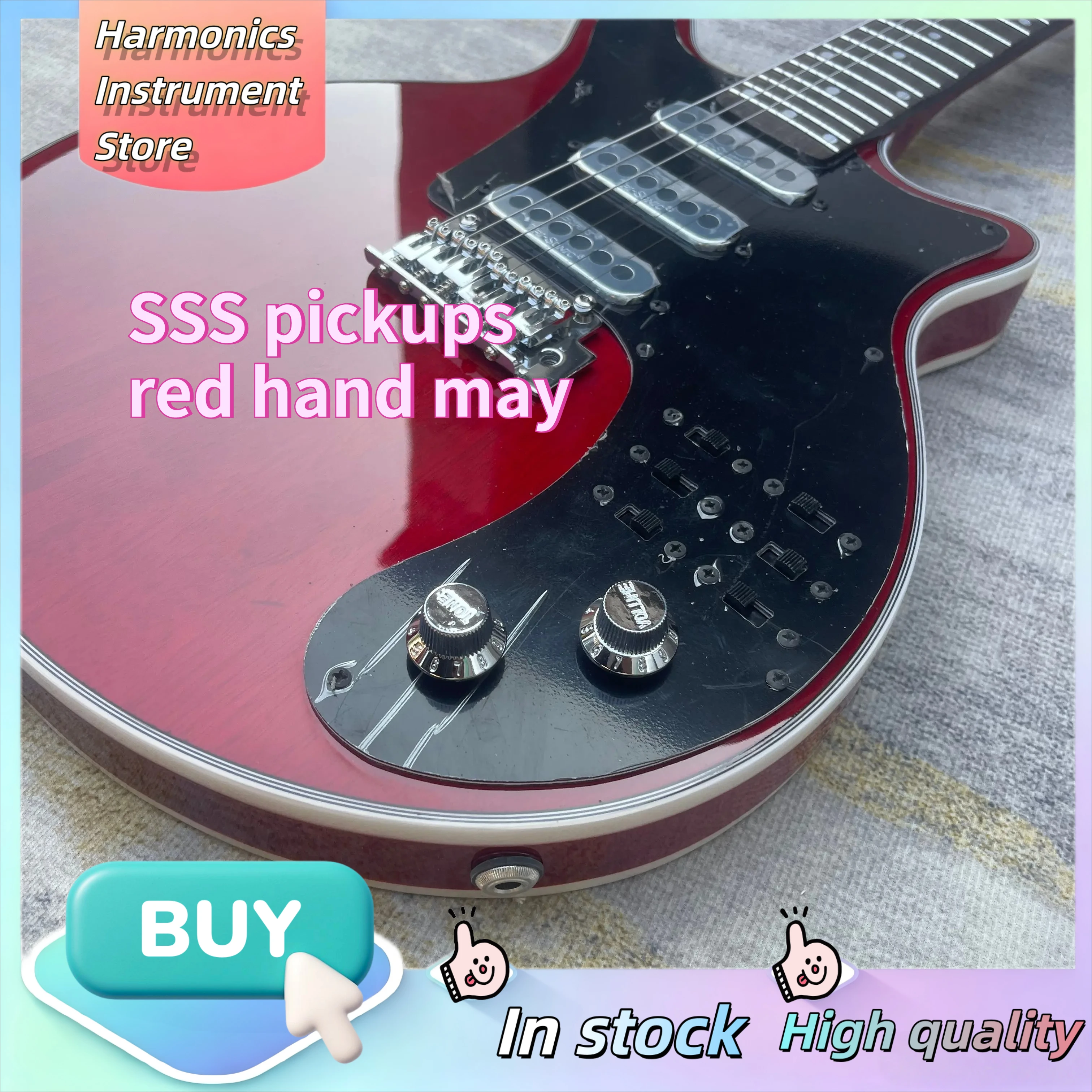 Red BM May Double Cut Round Edge Electric Guitar SSS Single Pickups Tremolo Bridge Vintage Blues Rock
