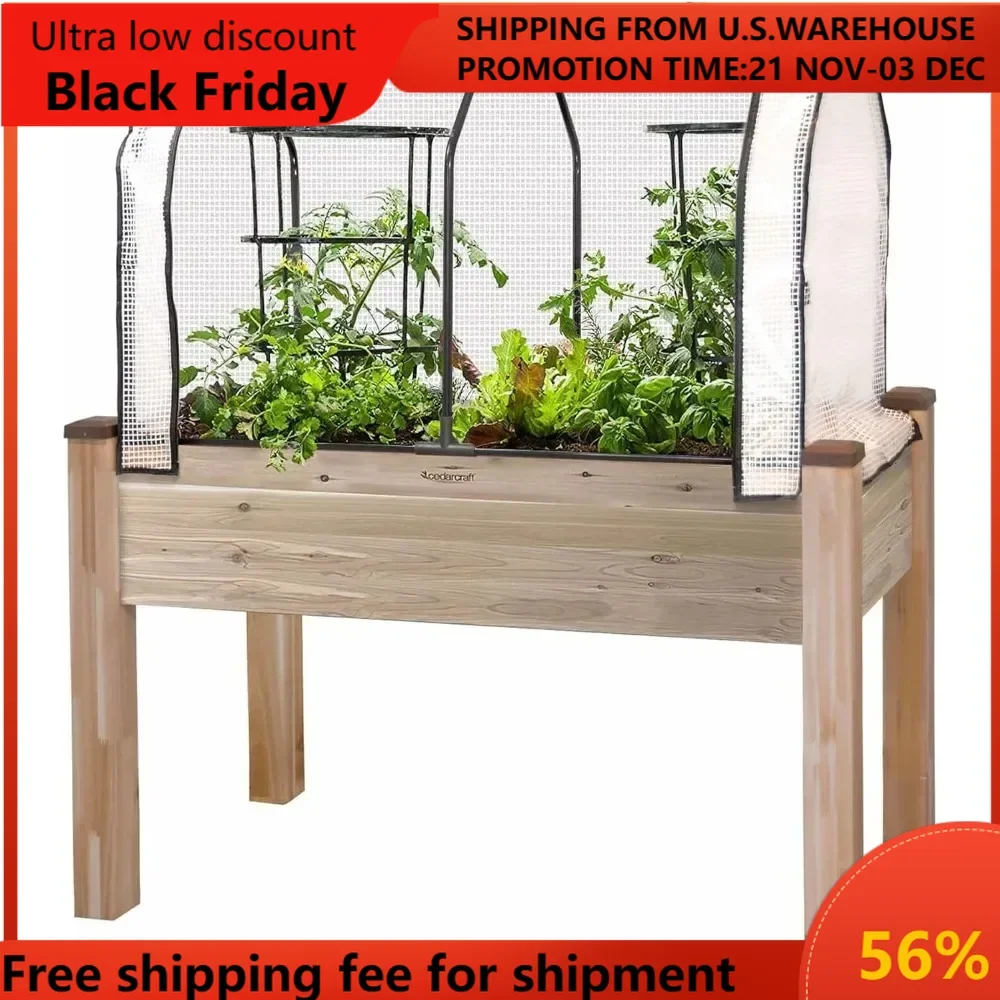 Self-Watering Elevated Cedar Garden Vegetable Flower Herb Planter with Dual Zipper Door Greenhouse Frame Cover