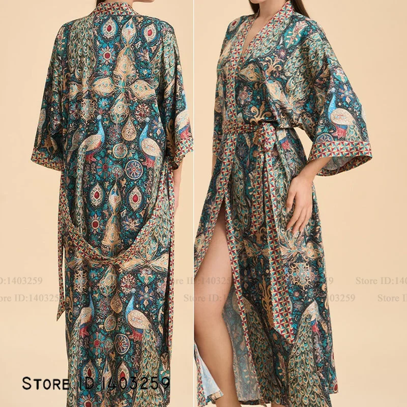 Drucken Blume Weibliche Lange Robe Nachthemd Hause Kleid Halbe Hülse Kimono Bademantel Kleid Lose Beiläufige Seide Satin Loungewear Pyjama