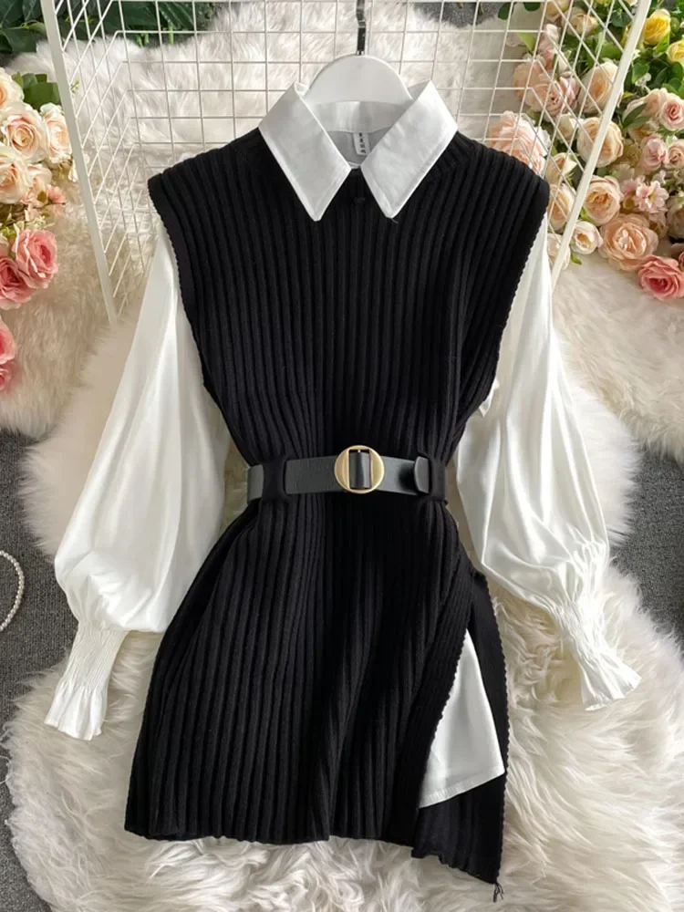 Spring Autumn Women\'s Lantern Sleeve Shirt Knitted Vest Two Piece Sets of College Style Waistband Vest Two Sets Top UK900