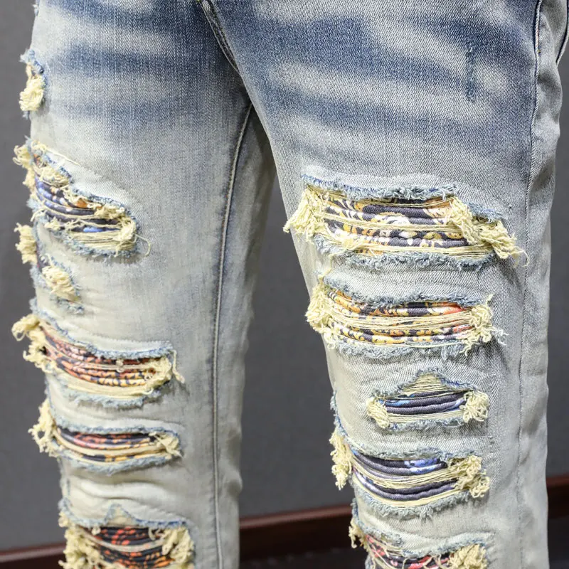 Y2K designer fashion new men's jeans patch damaged washed nostalgic elastic slim fit ancient light blue jeans high street hip-ho