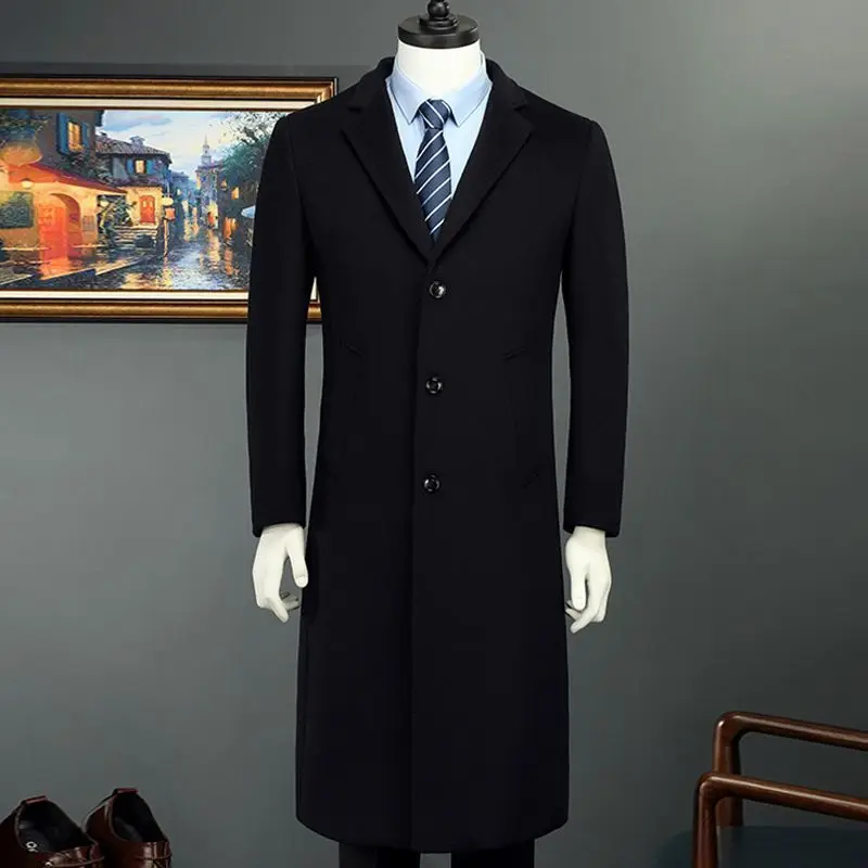 

High-End Thiened Long Men's Coat Autumn Winter Woolen Suit Collar Windbreaker Outerwear Stand Fit Single Button Closure