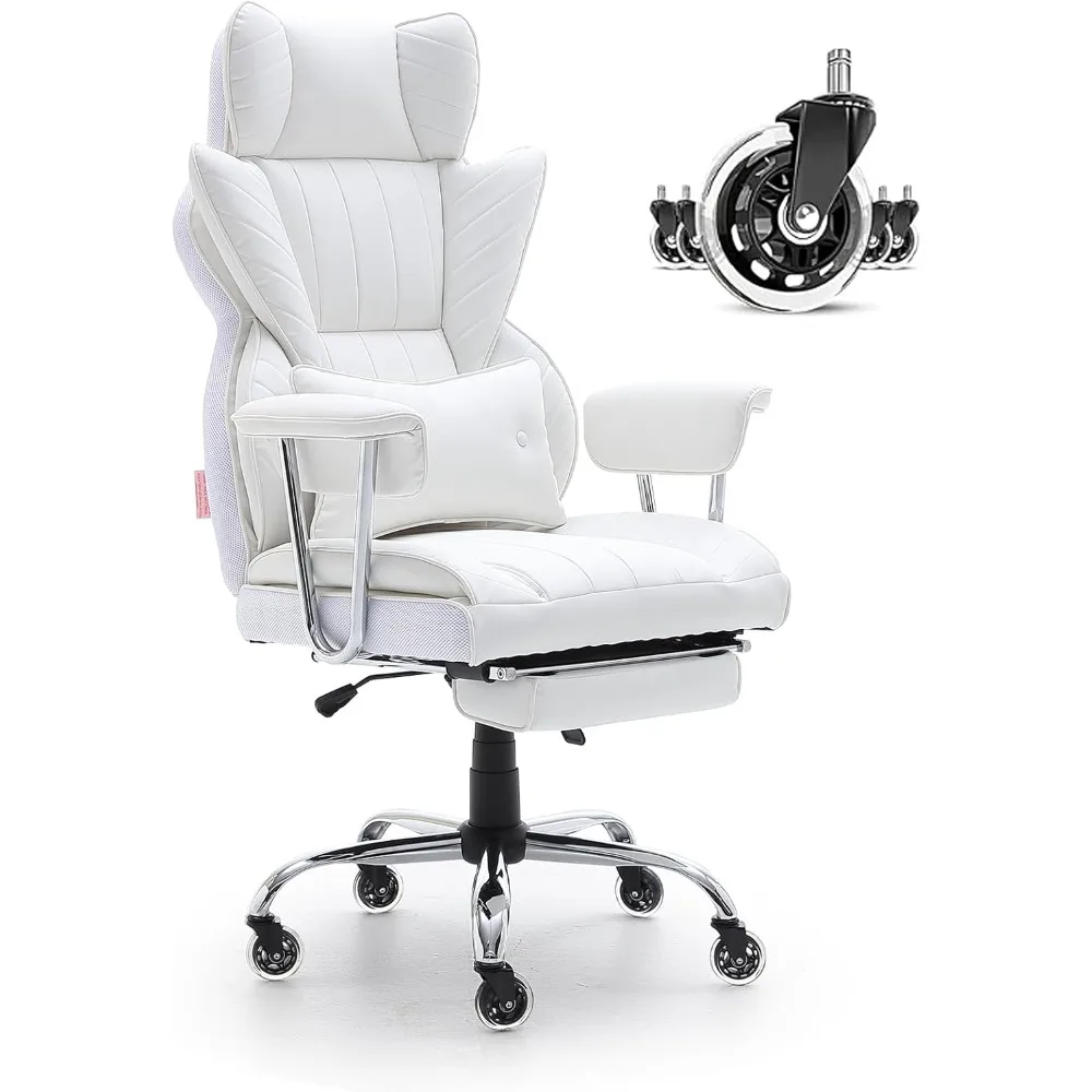 

Reclining white office chair with footstool, PU leather wide computer chair with waist support, silent wheels with metal base