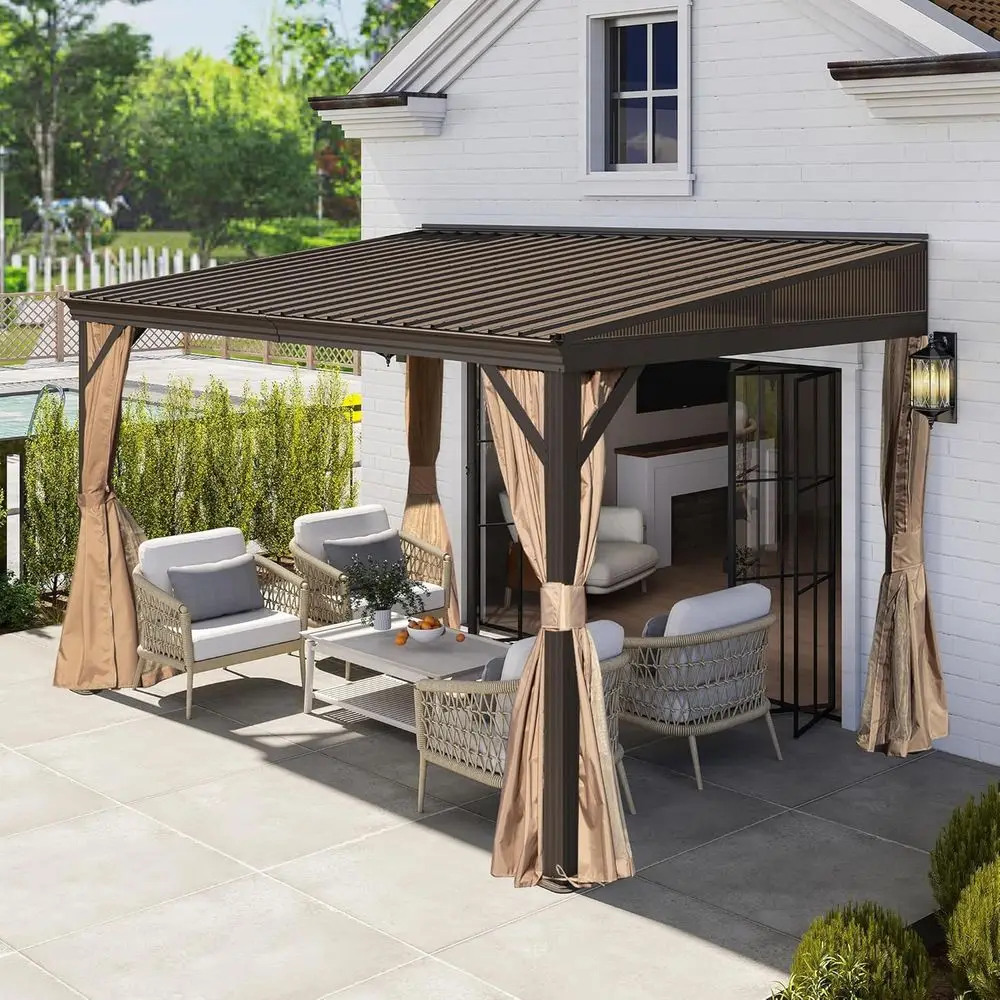 

Domi 8x12T Lean to Gazebo, Outdoor Hardtop Wall Mounted Gazebo with Sloping Galvanized Steel Roo, e Mounted Pavilion with Nettin