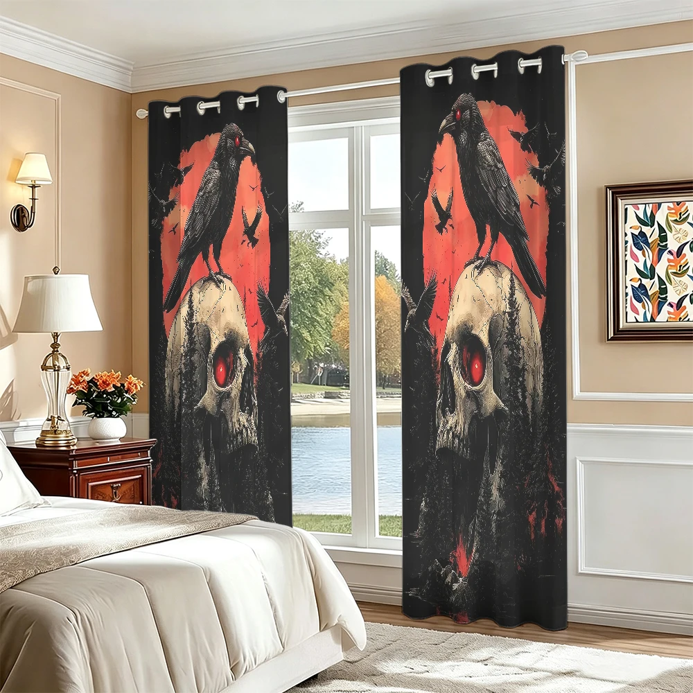 2Pcs Red‑Eyed Skeleton Crow Dark Theme Printed Curtains Perforated Hole‑Punch Blackout Privacy Drapes For Living Room Bedroom