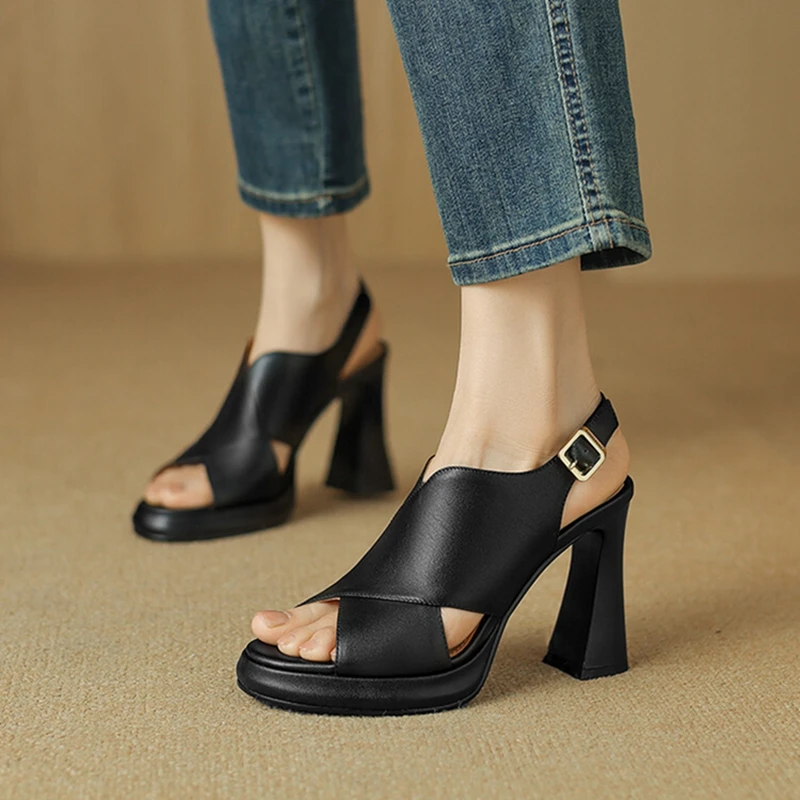 Summer Women Sandals Open Toe Super High Heel Shoes Genuine Leather Shoes for Women Cross-tied Platform Slingback Modern Sandals